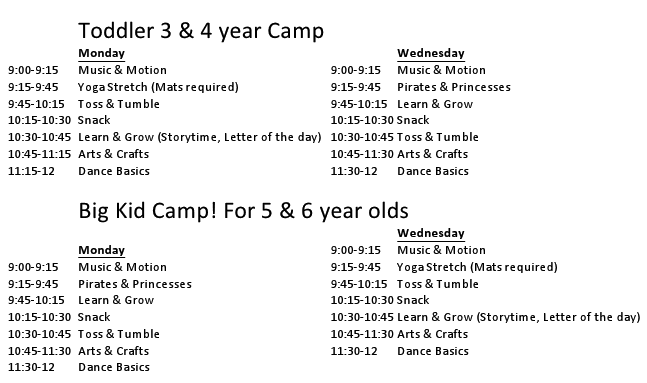A sample camp schedule at Addicted 2 Dance